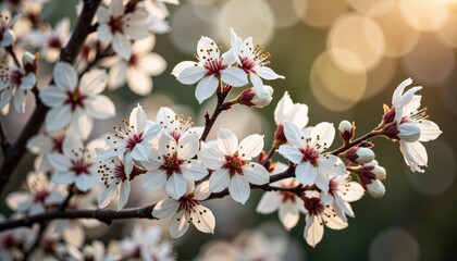 Beautiful White Cherry Blossom Flowers on Branch in Spring Sunlight