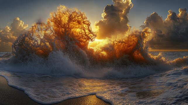 Fiery sunrise ocean waves