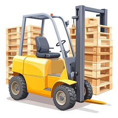 Yellow forklift lifting wooden pallets