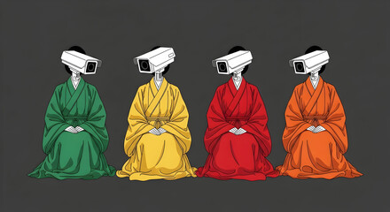 Surreal Digital Illustration of Women in Robes with Surveillance Camera Heads on Dark Background