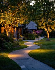 Obraz premium A winding pathway through a landscaped garden glows with warm outdoor lighting at dusk.