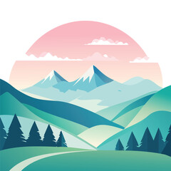 Minimalist vector landscape with mountains, green hills, pine trees and a pink sunset sky. Scenic nature illustration in pastel tones, perfect for backgrounds or prints.