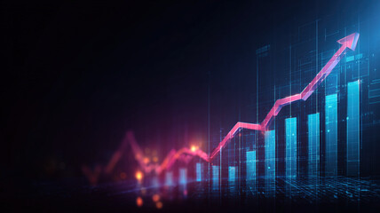 Futuristic neon business growth chart with glowing blue bars and pink arrow on dark
