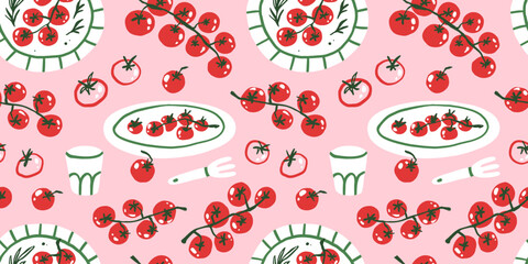 Tomato summer mediterranean seamless pattern vector illustration. Hand drawn doodle fresh farm vegetable dinner food design.