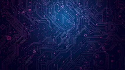 Abstract digital circuit board pattern with glowing purple and blue lines, representing technology and data flow in a futuristic design.
