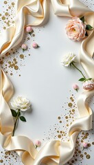 Elegant Floral Frame with Silk Ribbon and Gold Glitter Background
