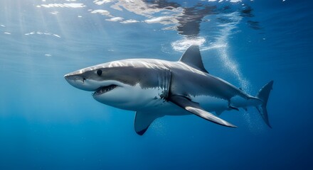 Naklejka premium Powerful White Shark Swimming in Deep Blue Underwater Ocean with Sun Rays