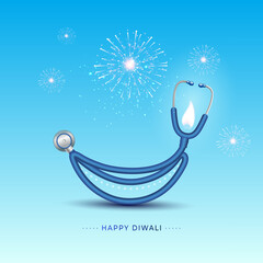Happy Diwali festive poster concept. Happy and healthy wishes creative design with medical stethoscope, lights and fireworks background.