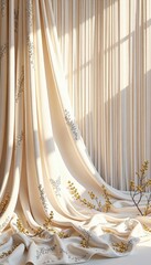 Elegant Beige Curtains with Floral Pattern and Soft Lighting