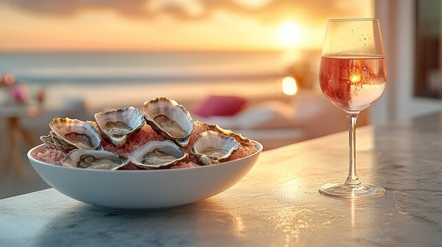 Fresh oysters and ros? wine at sunset