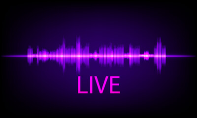 Neon purple sound wave with the word LIVE on dark background, representing audio, broadcast, and streaming concept