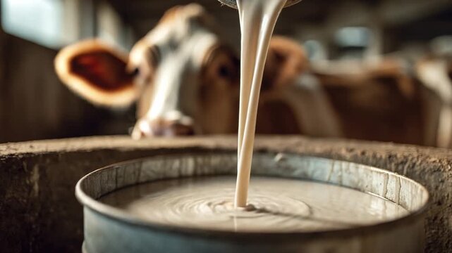 Fresh Milk Pouring in the Barn: Close-up shot of fresh milk cascading into a container, against the backdrop of a domestic cow in a rustic barn setting, perfectly showcasing rural dairy life.