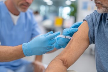 Healthcare worker administering a vaccine shot to a patient's arm with gloved hands and a syringe, symbolizing protection against illness and the importance of medical care.