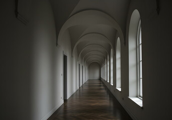 Obraz premium Long hallway interior architecture with arched ceiling, windows, and wooden floor. Light and shadow perspective.