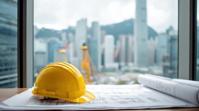 Construction Blueprint: The scene depicts a hard hat and construction plans, juxtaposed against a cityscape backdrop, symbolizing meticulous planning, dedication.