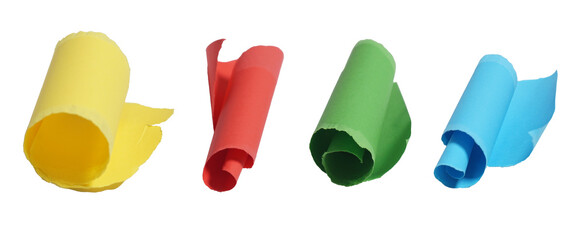 Set collection or collage of various color of rolled up ripped paper isolated on transparent background