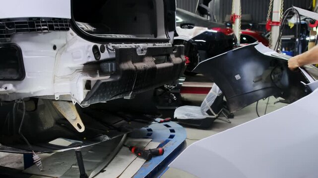 Mechanic disconnects rear bumper moving part to special place. Man disassembles car troubleshooting using professional method in spacious hall