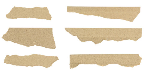 Set of torn brown cardboard paper pieces isolated on white background PNG for scrap, collage, craft, and creative design elements