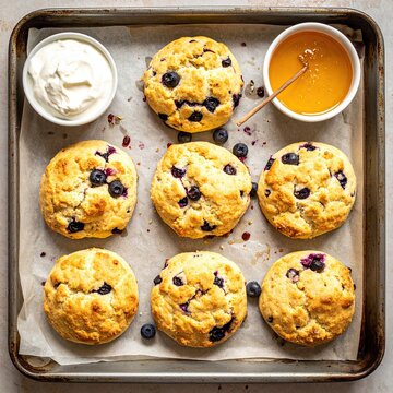 Freshly baked blueberry scones arranged on a baking sheet, alongside a small bowl of whipped cream and a bowl of honey