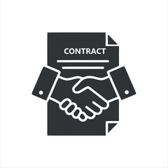 A simple black contract icon with a document and pen, symbolizing agreement, signing, or legal approval. Perfect for apps, websites, and corporate use.