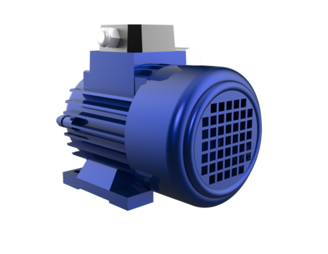 Detailed 3D Render of Blue Industrial AC Induction Electric Motor with Start Capacitor - High Definition PNG Transparent Background for Electrical Engineering and Manufacturing Power Machinery.
