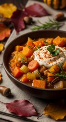 Rustic pumpkin and root vegetable stew topped with fresh cream in a brown bowl, surrounded by autumn leaves and acorns for food blogs