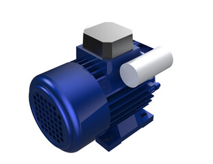 Detailed 3D Render of Blue Industrial AC Induction Electric Motor with Start Capacitor - High Definition PNG Transparent Background for Electrical Engineering and Manufacturing Power Machinery.