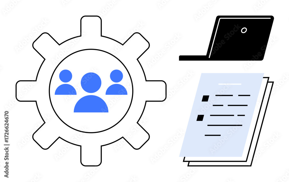 Poster three user figures inside a gear symbolize teamwork documents and a laptop represent tasks and digit