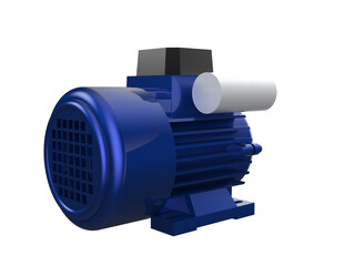 Blue Industrial Electric Motor 3D Render: High-Resolution Electric Machinery, featuring Capacitor and Terminal Box. Vital Power Component for Modern Manufacturing, Automation and Engineering. Isolated