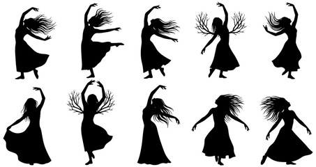 Elegant silhouettes of women dancing freely with nature-inspired elements; artistic expression