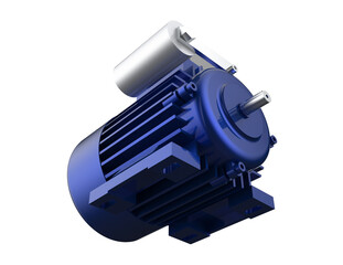 Blue Industrial Electric Motor 3D Render: High-Resolution Electric Machinery, featuring Capacitor and Terminal Box. Vital Power Component for Modern Manufacturing, Automation and Engineering. Isolated
