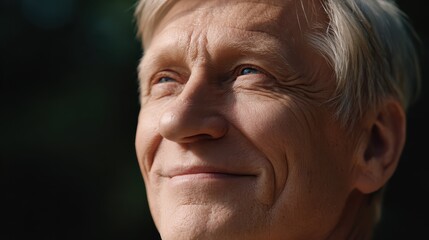 A close-up of an elderly person smiling warmly under golden sunlight, symbolizing happiness and longevity concept.