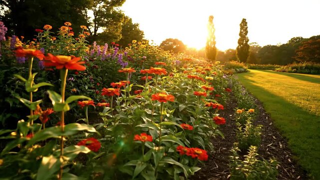Beautiful flower garden in the golden hour sunlight, with vibrant zinnias and a well-manicured lawn