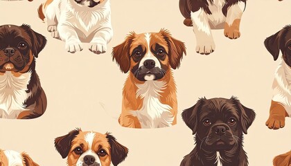 Minimalist seamless wallpaper of playful dogs in pastel muted brown and beige.
