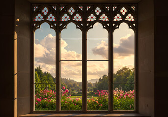 Gothic Window View Picturesque Garden Landscape, Sunlight, Clouds, Trees, Architectural Design.