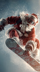 Dynamic Santa Claus snowboarding through snowy winter air with goggles and festive red suit, capturing thrilling holiday adventure