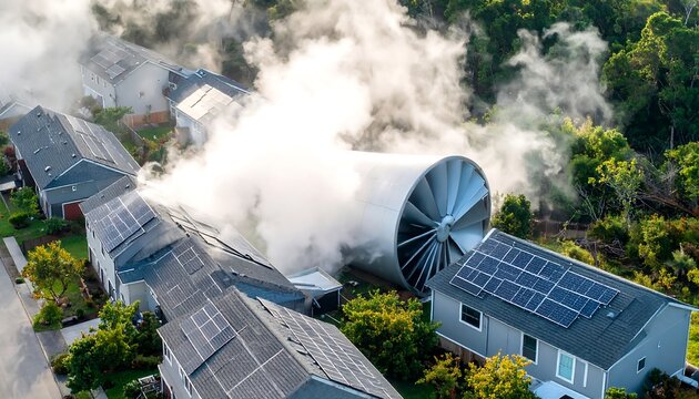 Large Turbine Generating Smoke Near Homes Aerial View - Powered by Adobe
