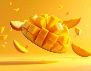 A fresh diced mango half floating in mid-air with slices and pieces against a vibrant yellow background.