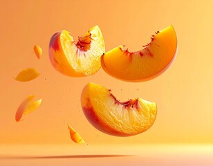 Juicy peach slices and wedges floating gracefully against a warm, soft orange background.