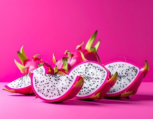 Vibrant pink dragon fruit, whole and sliced, displaying white flesh with black seeds on a matching pink background.