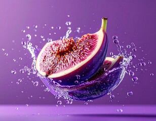 A fresh purple fig cut in half with a dynamic water splash on a vibrant purple background.