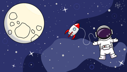 Playful Astronaut Floating in Space With Rocket, Moon, and Starry Night Scene Adventure for Kids