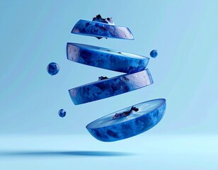 A fresh blueberry cut into floating spiral slices against a light blue background.