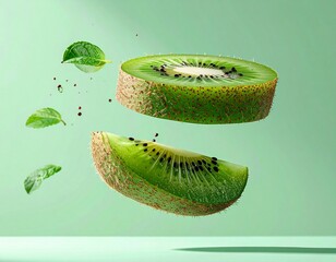 A fresh green kiwi fruit sliced in half, levitating in the air with small leaves against a pastel green background.