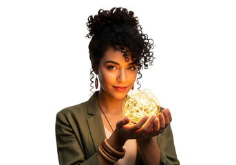 Empowered Woman Holding Glowing Orb. Business Leadership Concept Future Vision. Confident Young Woman Portrait. Success Opportunity Inspiration Light
