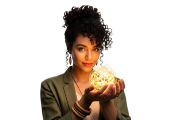 Empowered Woman Holding Glowing Orb. Business Leadership Concept Future Vision. Confident Young Woman Portrait. Success Opportunity Inspiration Light