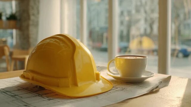 Blueprint Break: A construction worker's hard hat rests next to a steaming cup of coffee and a blueprint, creating a perfect moment of pause during a bustling workday.