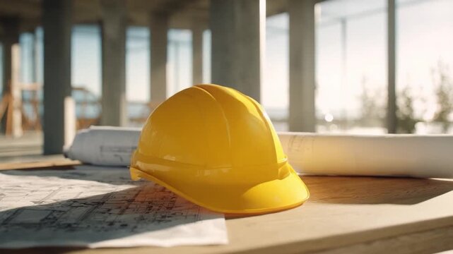 Construction Site Essentials: A yellow hard hat, symbolizing safety and precision, rests atop architectural blueprints on a sturdy wooden table, offering a glimpse into a building's future.