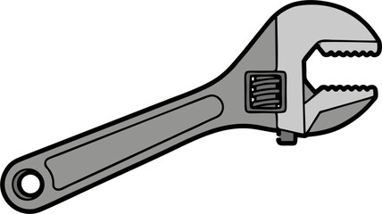 Gray Adjustable Wrench with Serrated Jaws and Black Outline, Angled View