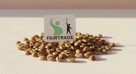 Photo of pile of roasted coffee beans with a fairtrade logo in the center, symbolizing ethical sourcing and sustainable agriculture practices in the coffee industry